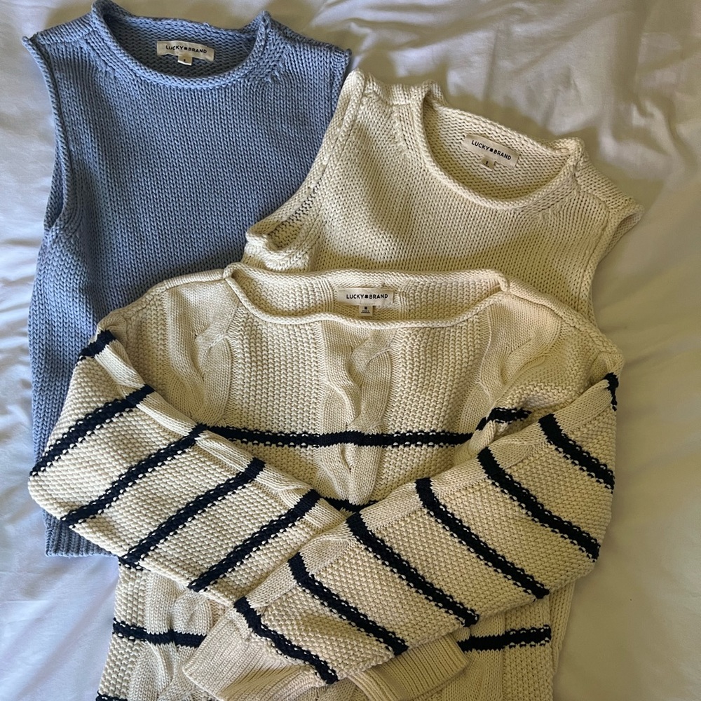 Lucky Brand Knit Sweater & Sleeveless Tops - Cream, Blue